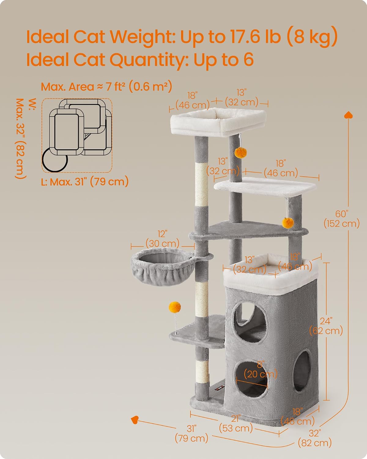 Thumbnail 6 de FEANDREA Tall Cat Tree, 150 cm, Two Caves and Three Sisal Scratching Posts