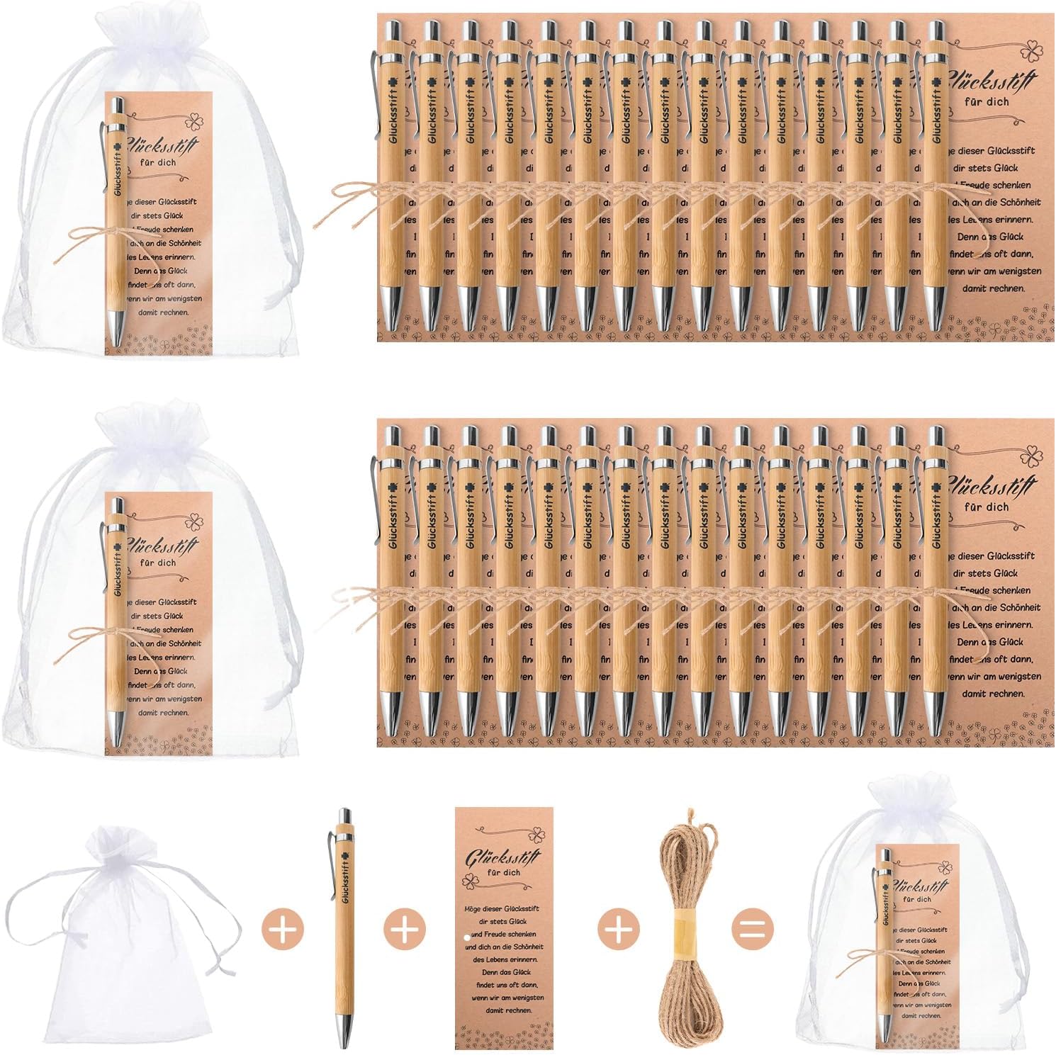 GADITIEK 30 Sets Gastgeschenke zur Hochzeit – Glücksstifte aus Holz mit „Lucky Pen“, Organza-Beuteln & Grußkarten