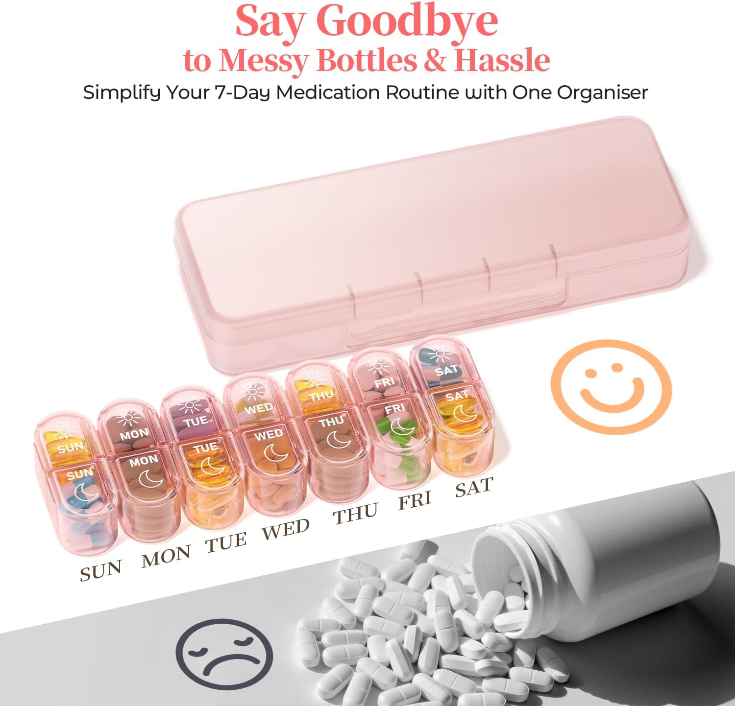 Detalle 2 de Betife 7 Day Pill Box Organiser – 2 Times a Day Weekly AM/PM, 14 Large Slots, BPA-Free Travel Medicine Case (Pink)
