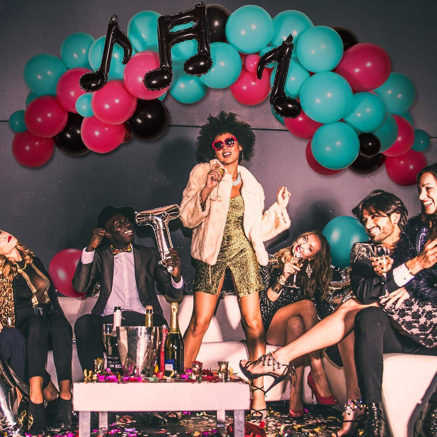 Detalle de Disco Musik Thema Luftballons – Rosarot, Blau, Schwarz – Party Dekoration für Karaoke, 80er/90er Disco Theme