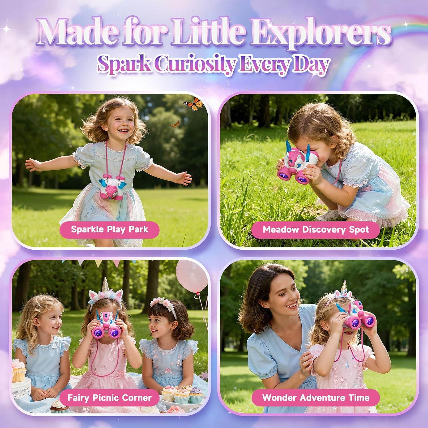 Detalle de Unicorn kids binoculars (ages 3–12) with heart & wings design and bird-watching guide