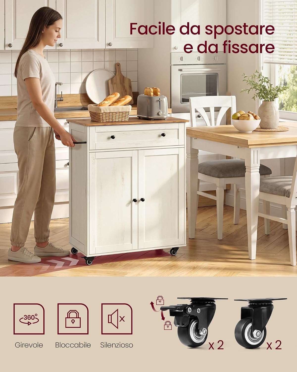 Thumbnail 6 de VASAGLE SIREN Collezione: Isola da Cucina con Piano di Lavoro 40 x 78,5 x 89,2 cm in Bianco Rustico e Marrone Miele (KKI009WJ01)