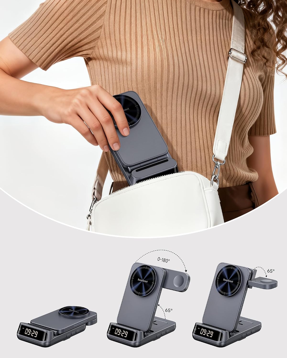 Detalle de Supporto caricabatterie wireless 3 in 1 da 25 W con MagSafe – SwanScout 708M