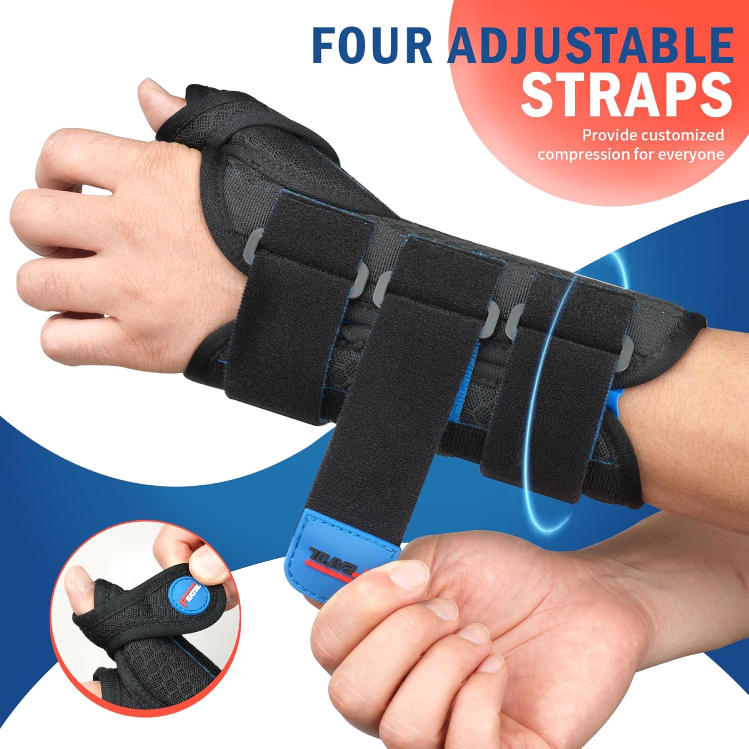 Thumbnail 3 de FEATOL Carpal Tunnel Wrist Brace Night Support with Thumb Spica Splint (Right Hand, Small/Medium) — Black/Blue
