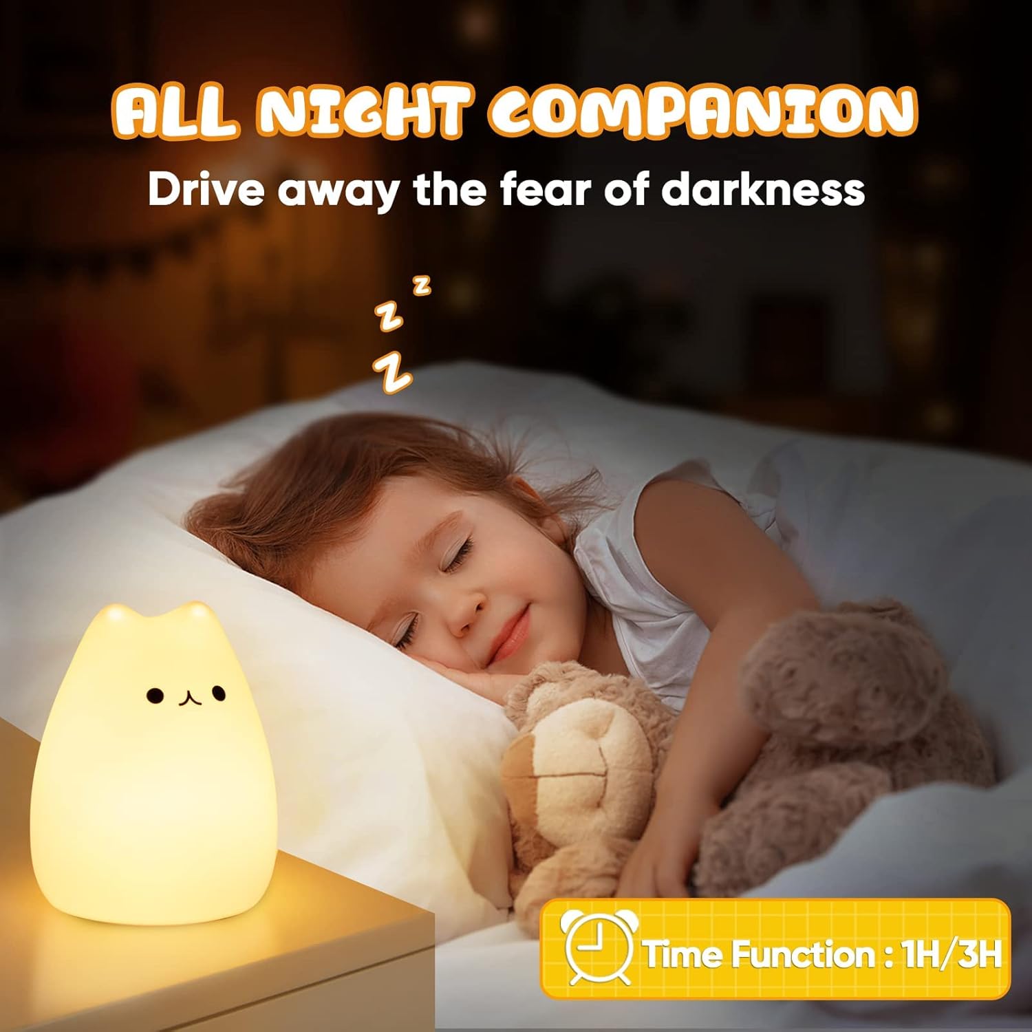Detalle de FOMYHEARD Luce Notturna per Bambini 3 in 1: silicone, RGB, dimmerabile, timer 1h/3h, USB-C
