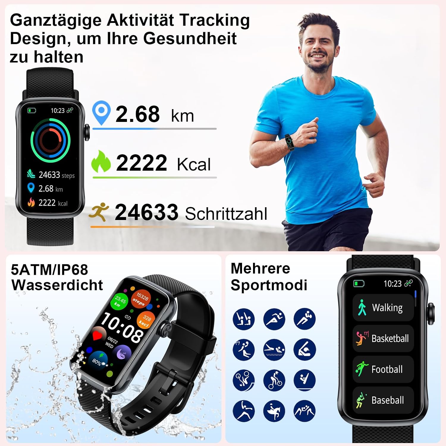 Detalle de Motast Smartwatch Herren/Damen 2026 – 1,57" HD Display, 123+ Sportmodi, IP68, Bluetooth 5.4, SpO2/HR/Schlafmonitor