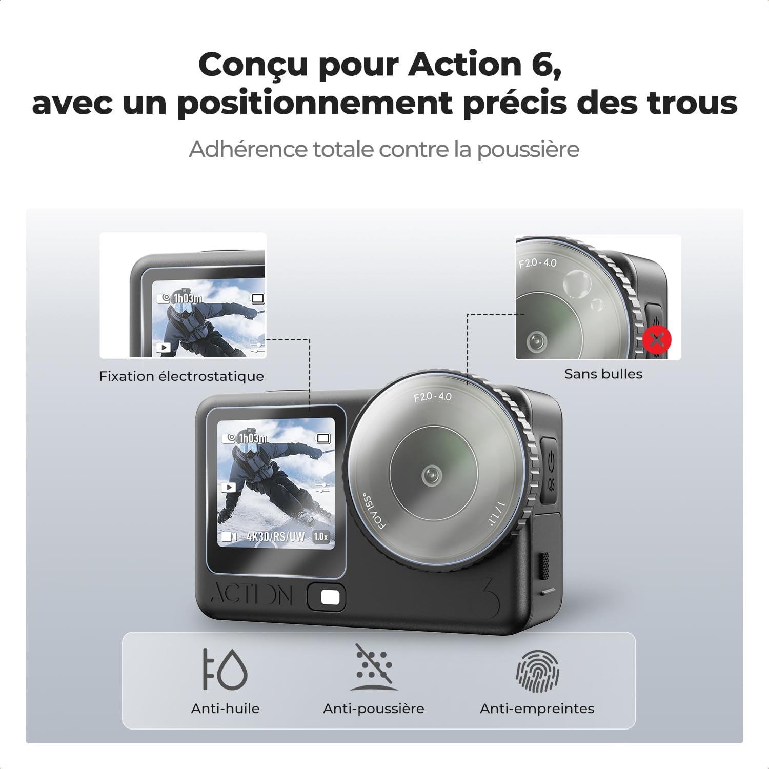 Detalle de K&F CONCEPT Lot de 2 Protecteurs d'écran en verre trempé pour DJI Osmo Action 6 – 9H, transparence HD