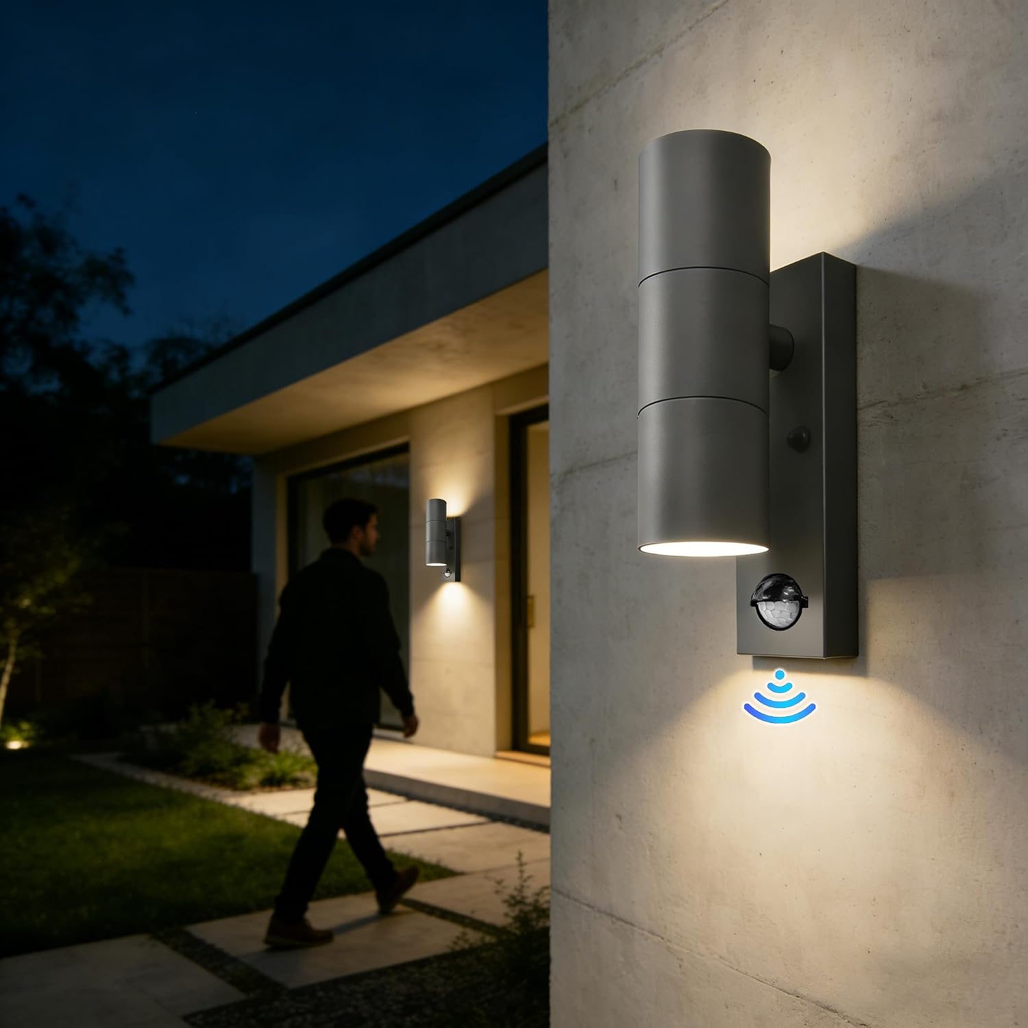 Detalle de YOVGQOLV Motion Sensor Outdoor Wall Lights: Up & Down, 2x5W GU10, Stainless Steel, IP54, Anthracite