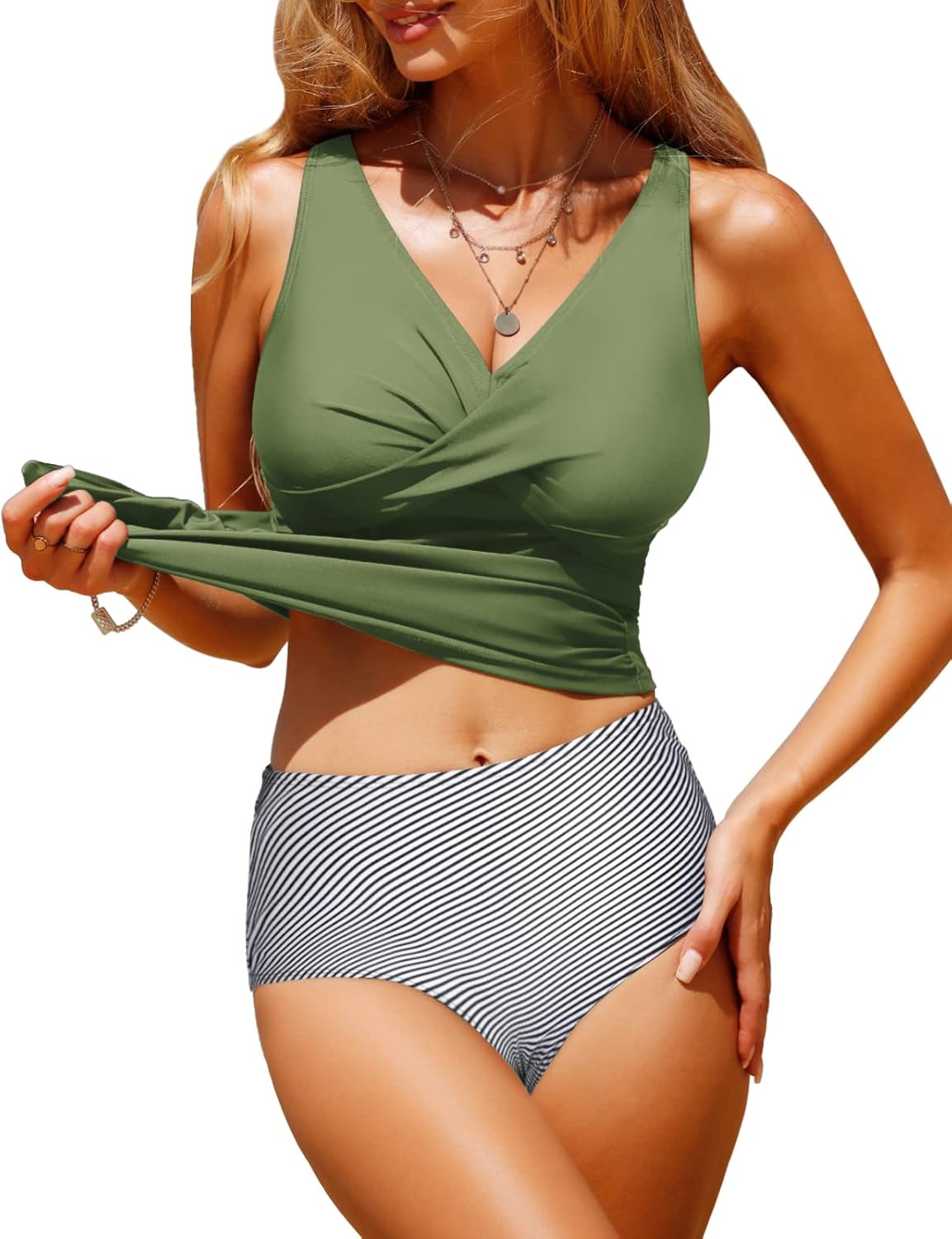 Detalle de RITOSTA Womens Tankini Sets: Twist Front Top with High Waisted Bottoms, Padded Push-Up and Removable Bra