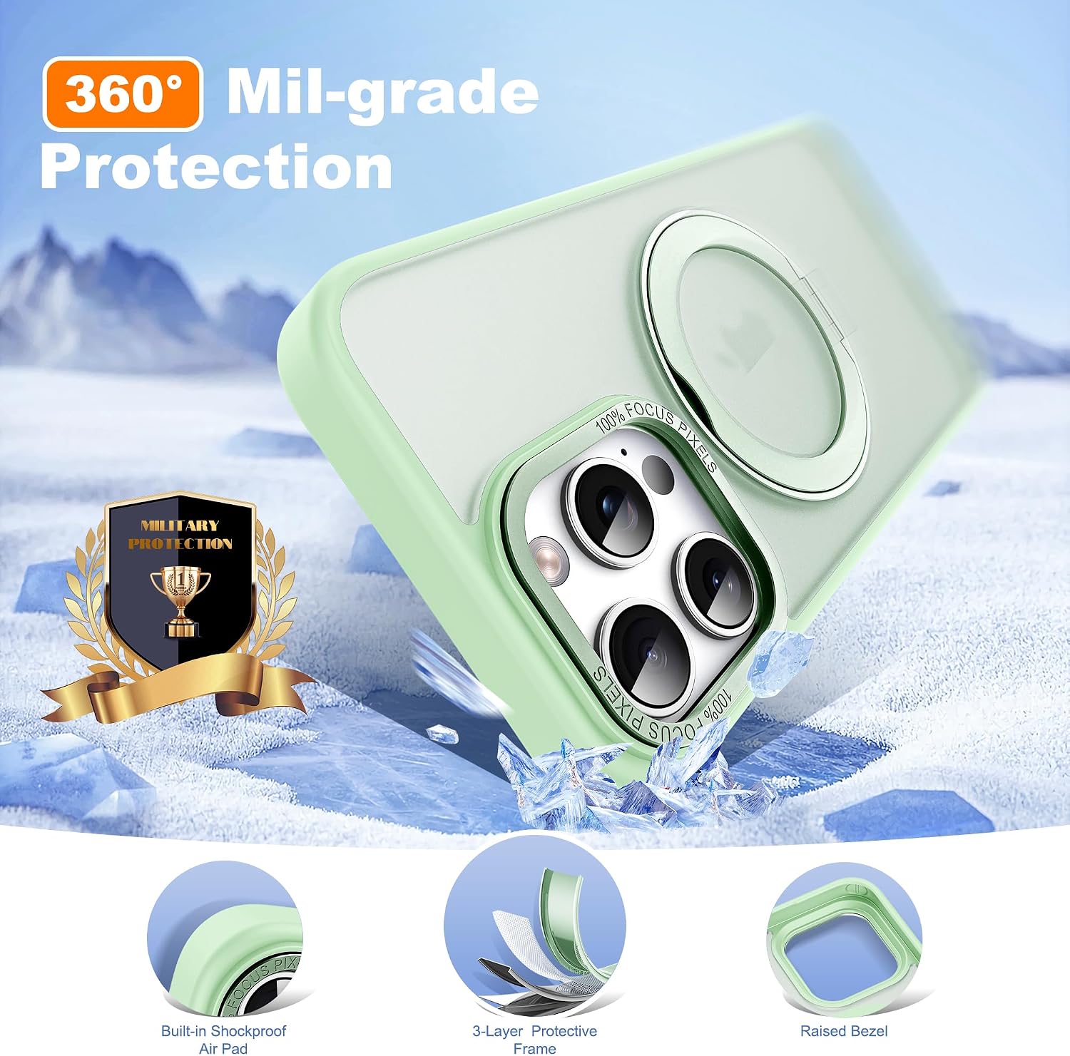 Detalle de Zalinbo iPhone 15 Pro Case with 360° Rotatable Magnetic Ring Stand — MagSafe Compatible, Military Protection, Green