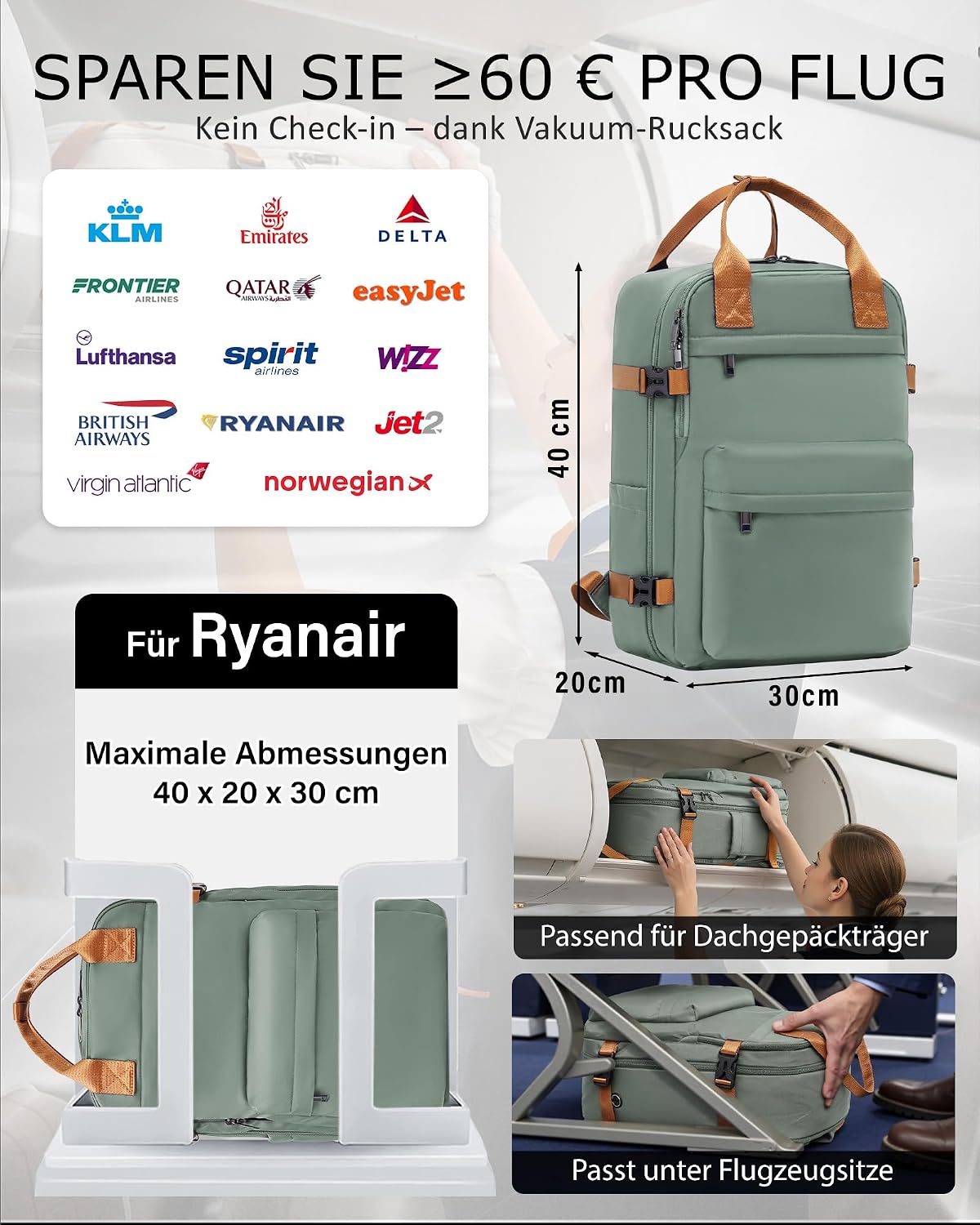 Detalle 2 de COOLIFE Vacuum Rucksack Handgepäck 40x30x20 cm – kompakt, vakuumierbar und TSA-freundlich
