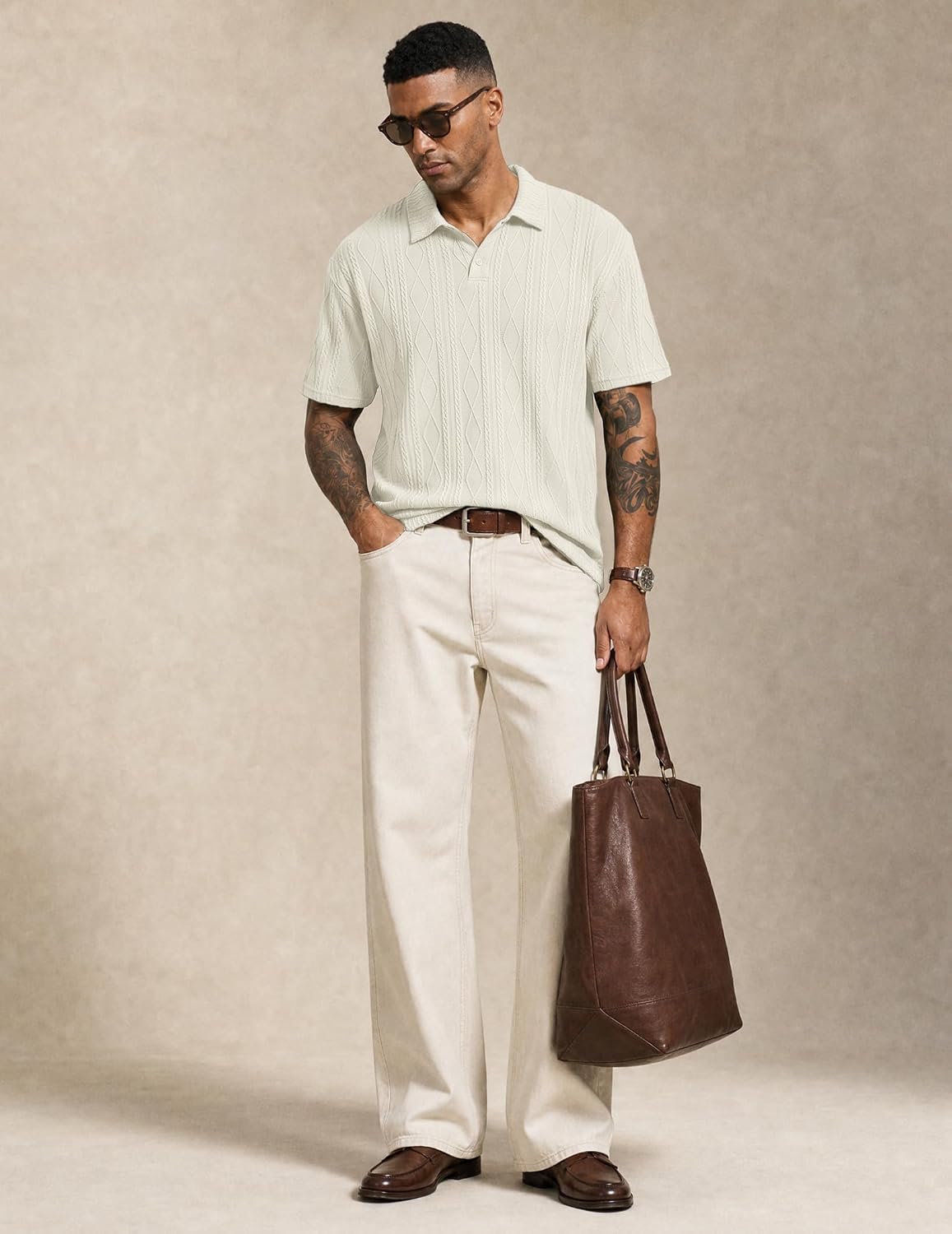 Detalle de JMIERR Men's Polo Shirt Textured Knit Button Short Sleeve – Old Money Style