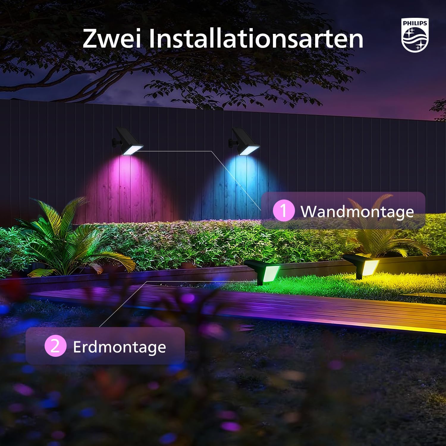 Detalle 2 de Philips 4er-Set Solarstrahler für Außen – 18 LEDs RGBW, Dämmerung bis Morgendämmerung, wasserdicht, 9 Beleuchtungsmodi