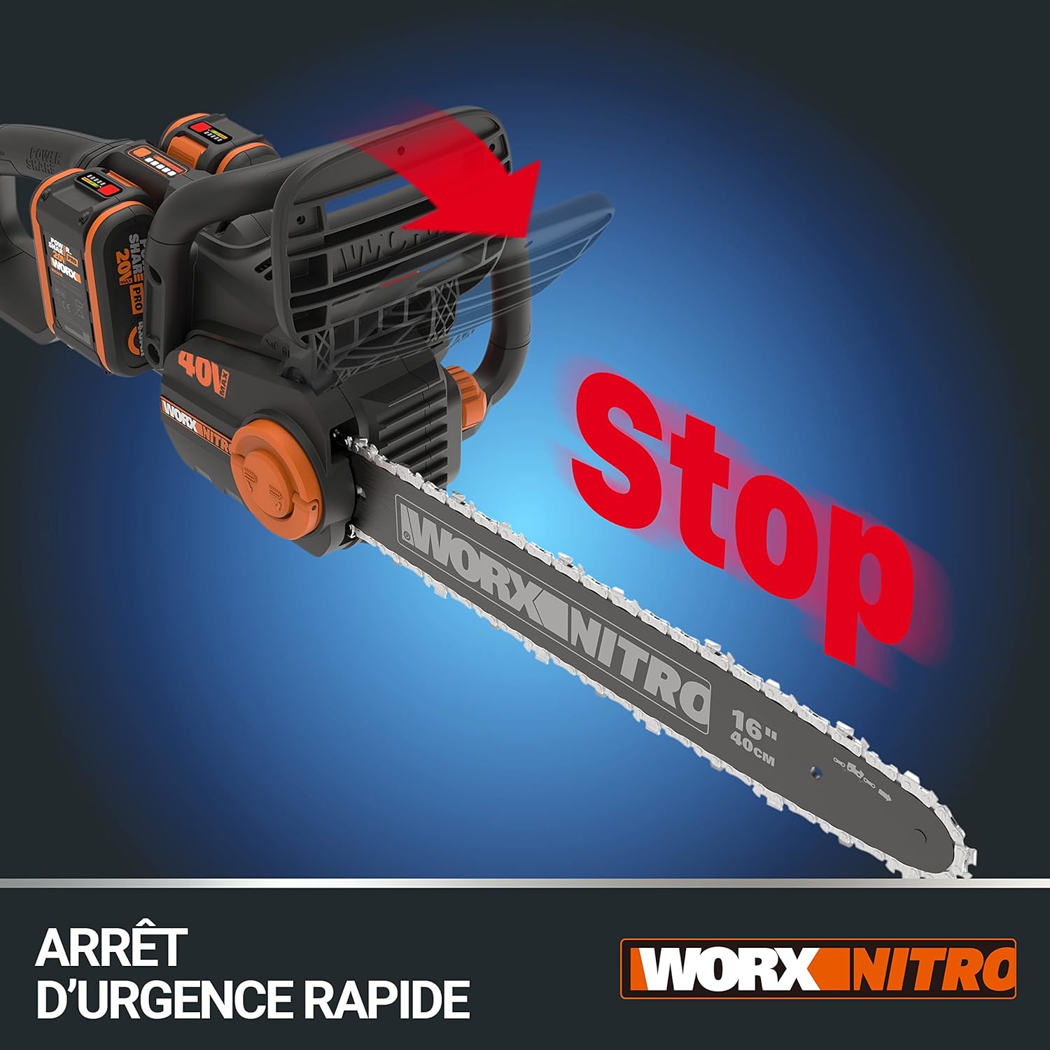 Thumbnail 6 de WORX Tronçonneuse Brushless sans fil 40V WG385E.9 — guide 40 cm, autonomie et sécurité adaptés