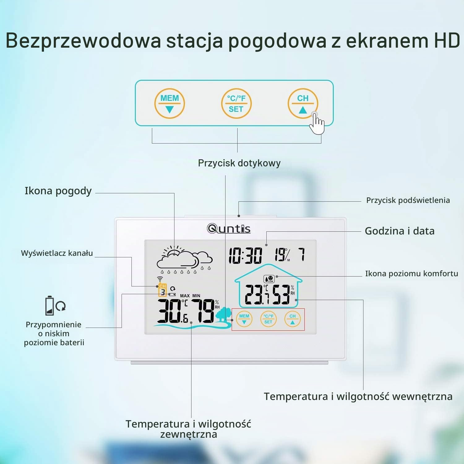 Detalle de Quntis stacja pogodowa z 3 czujnikami, ekranem dotykowym i budzikiem