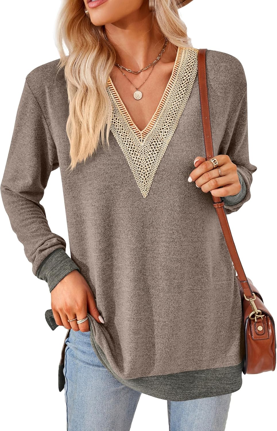 Detalle de iChunhua Women's V Neck Lace Trim Lightweight Soft Jumper