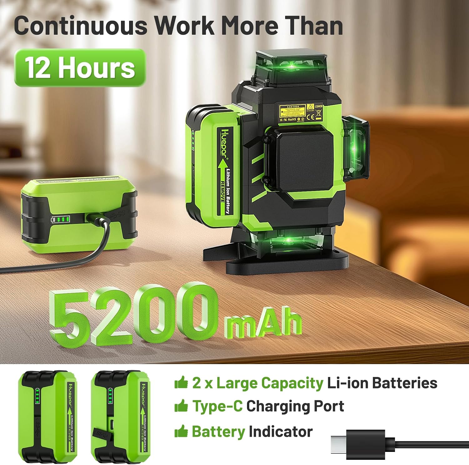 Detalle de Huepar LS04CG 4x360° Green Laser Level with Self-Leveling and Dual Batteries