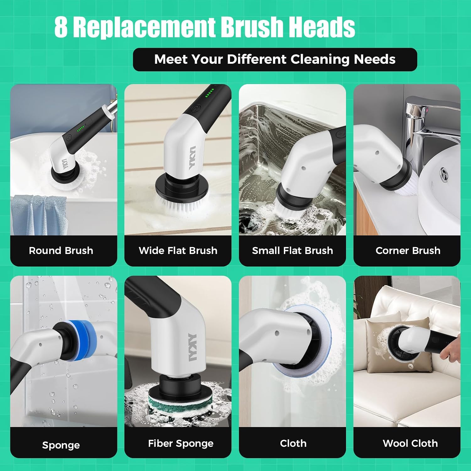 Thumbnail 5 de YKYI YKYI-8051B Cordless Spin Scrubber, 8 Brush Heads, 2 Speeds, IPX7