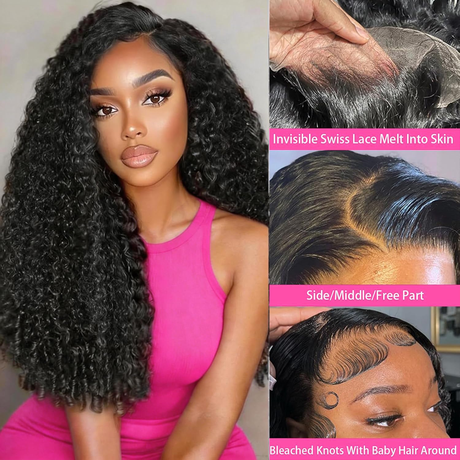 Detalle de biuteew 28 Inch 13x6 HD Lace Front Burmese Curly Human Hair Wig, 200% Density