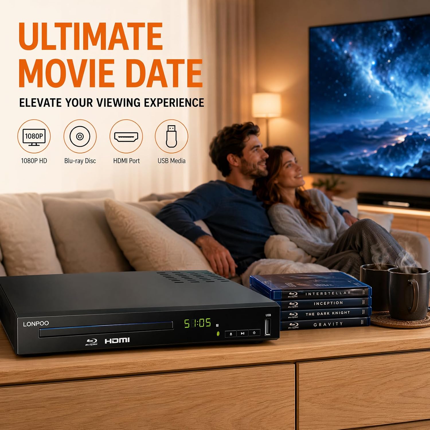 Detalle de LONPOO LP-100 HD Blu-Ray Disc Player: Full 1080p Upscaling with HDMI, AV, Coax Output and USB