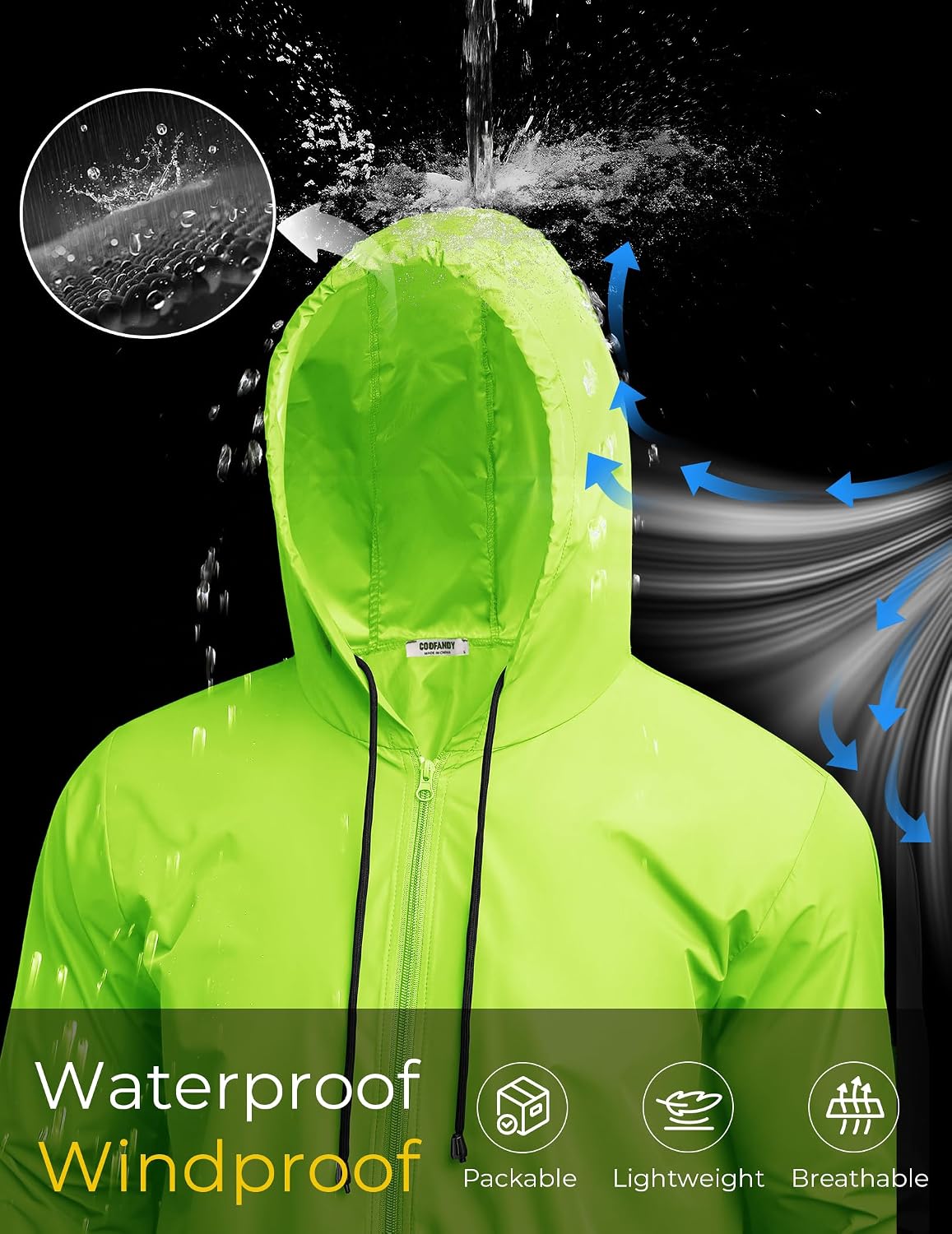 Detalle de COOFANDY Men’s Packable Rain Jacket with Hood — Lightweight Waterproof Raincoat for Travel & Outdoor Use