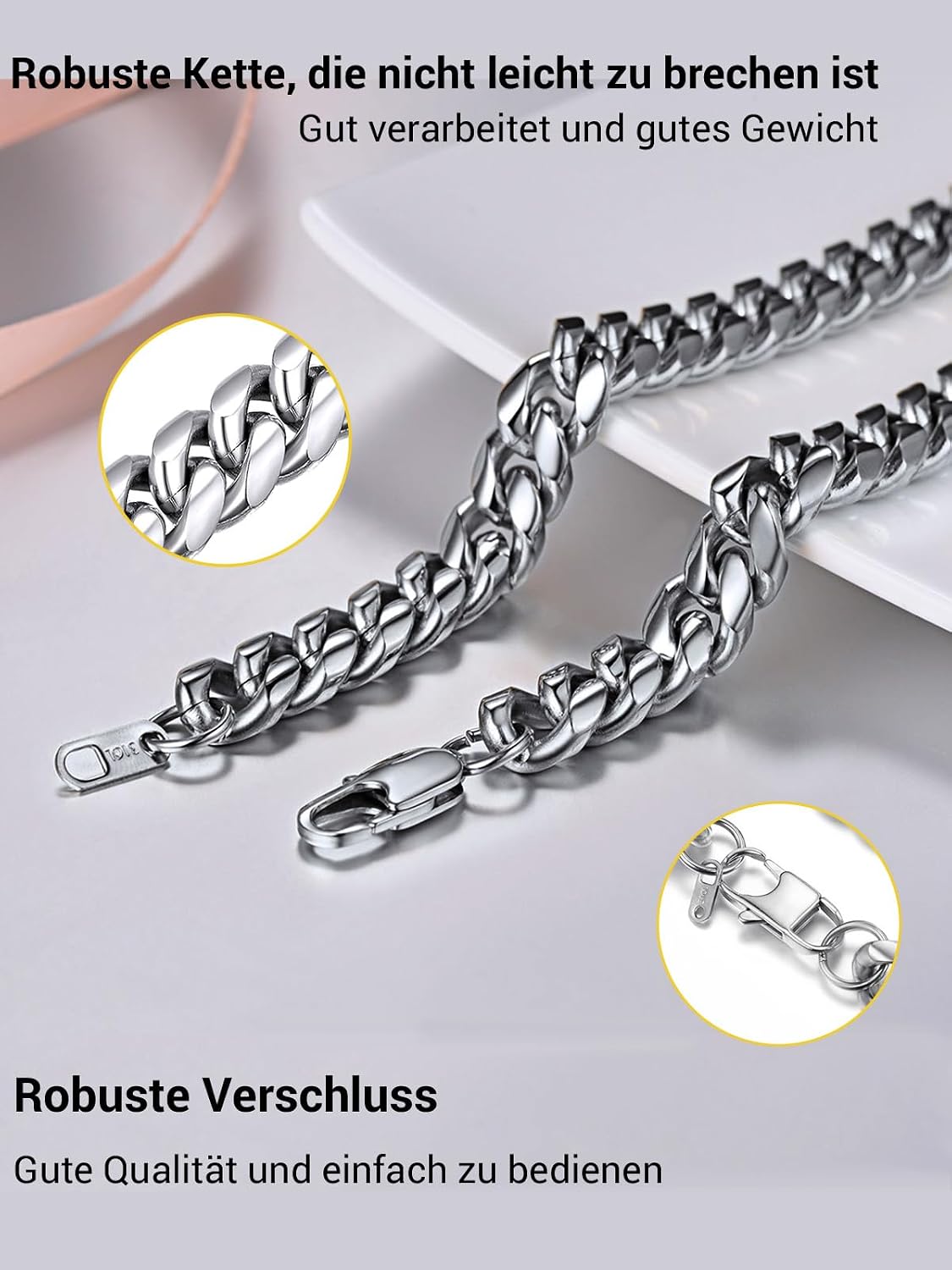 Detalle de PROSTEEL Herren-Halskette aus Edelstahl massiv, Panzerkette (4,8/6/10/14 mm) – Gliederkette im Hip-Hop-Stil, Länge wählbar