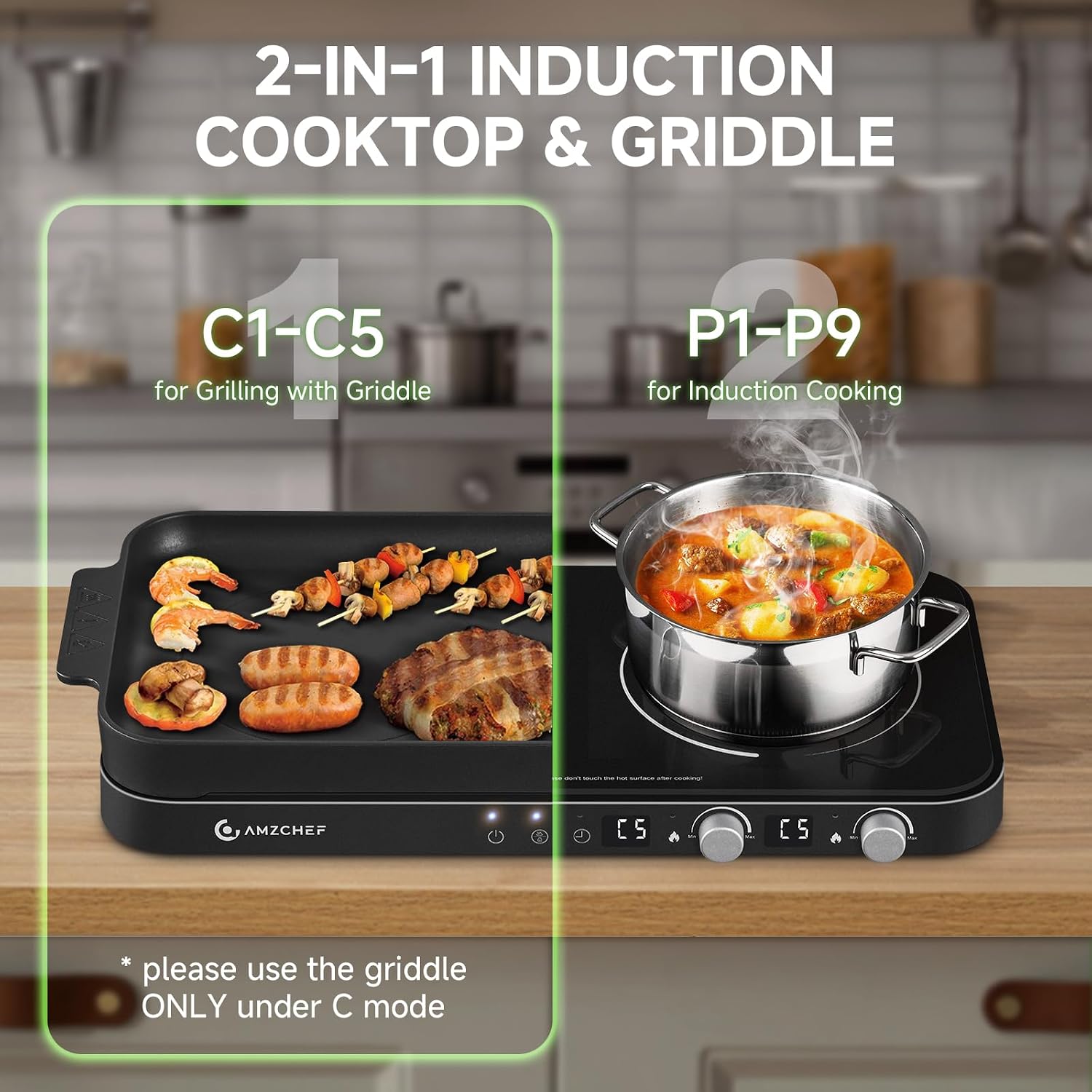 Detalle de AMZCHEF Double Induction Cooktop with Removable Griddle Pan – 2 Burners, 1800W, Sensor Touch & 9 Power Levels
