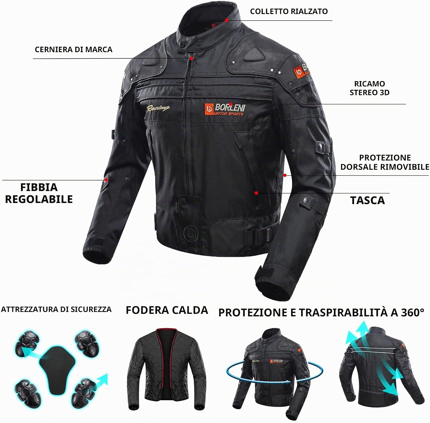 Thumbnail 4 de BORLENI Giacca da Moto Uomo Tutte le Stagioni con Protezioni CE e Giubbotto Termico Removibile