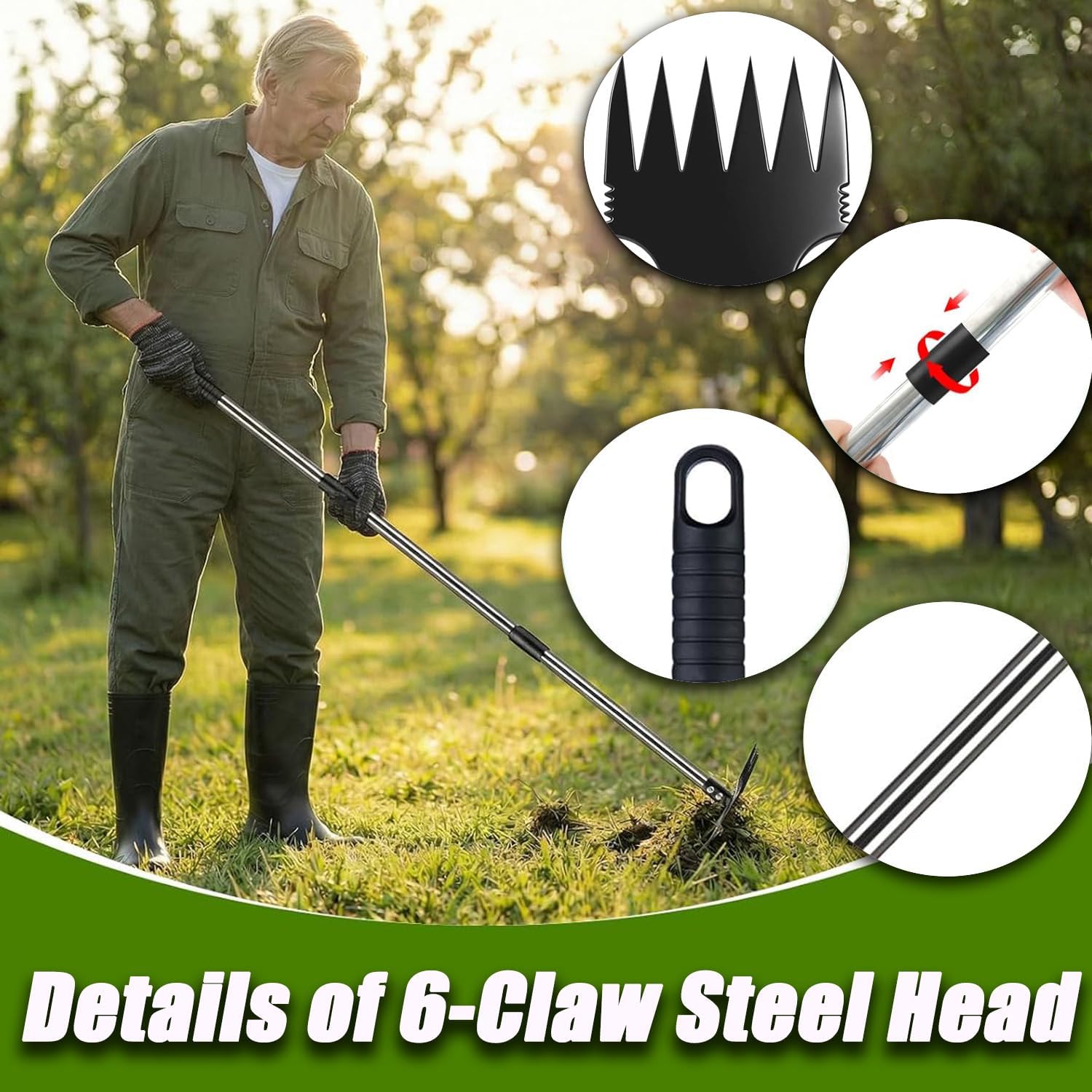 Detalle de 2-in-1 Weed Rake & Hoe Combo – Adjustable Heavy Duty Weeder (59in/150cm) with Stainless Steel Build