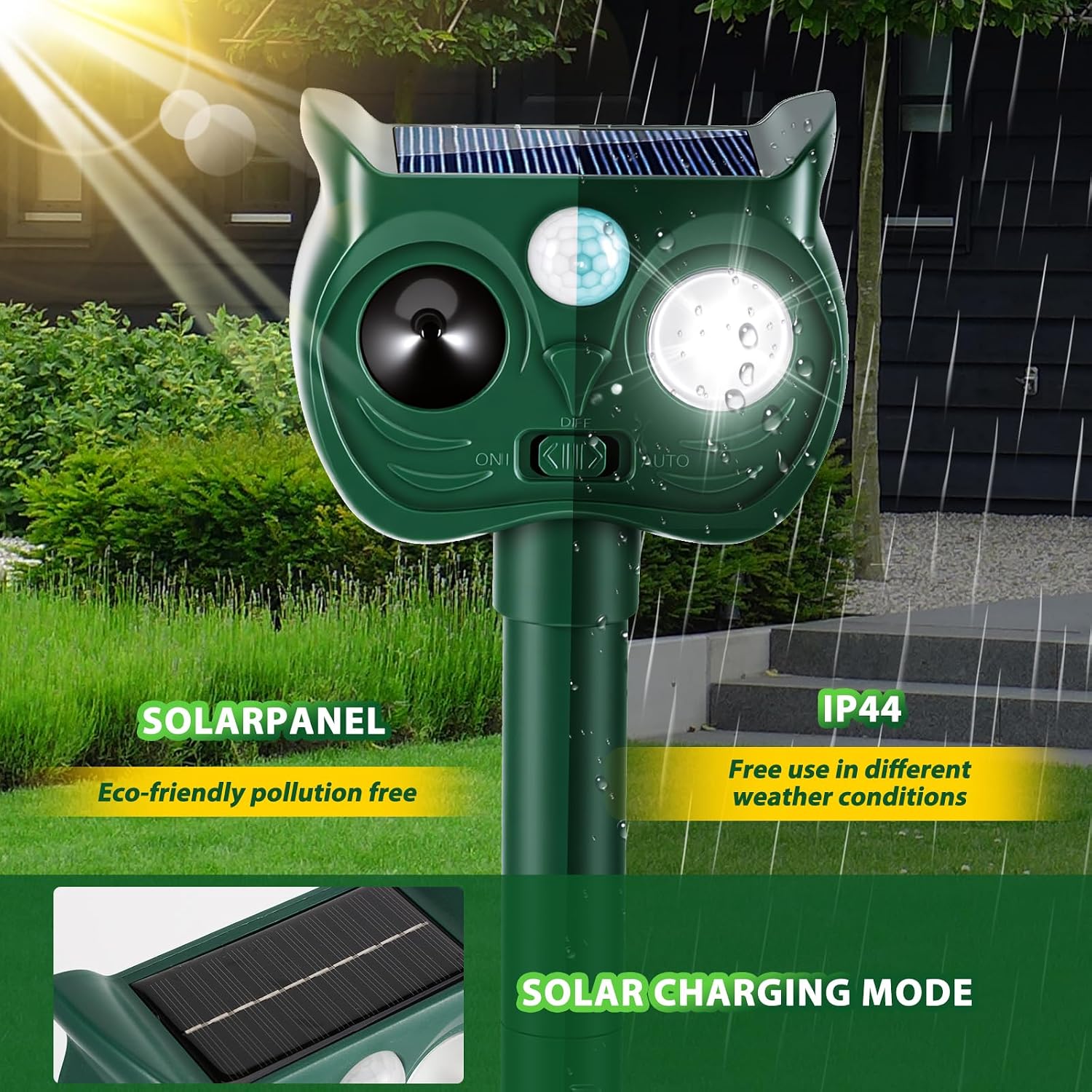 Detalle de Cat Repellent For Gardens with LED Flash, PIR Motion Sensor and Multi-Mode Ultrasonic Deterrent