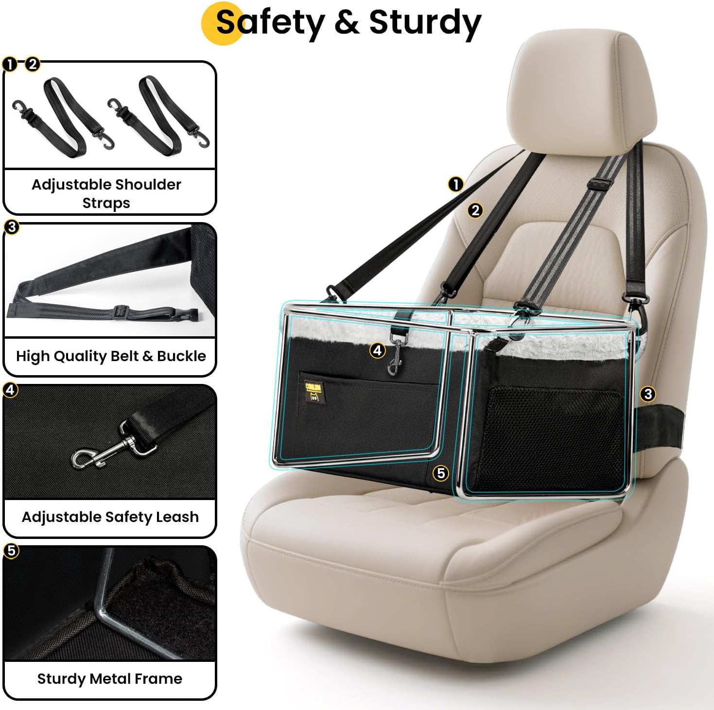 Thumbnail 3 de Conlun Dog Car Seat – Elevated Pet Booster Seat for Small Dogs under 9kg with Steel Frame, Safety Tether & Breathable Mesh (Black)