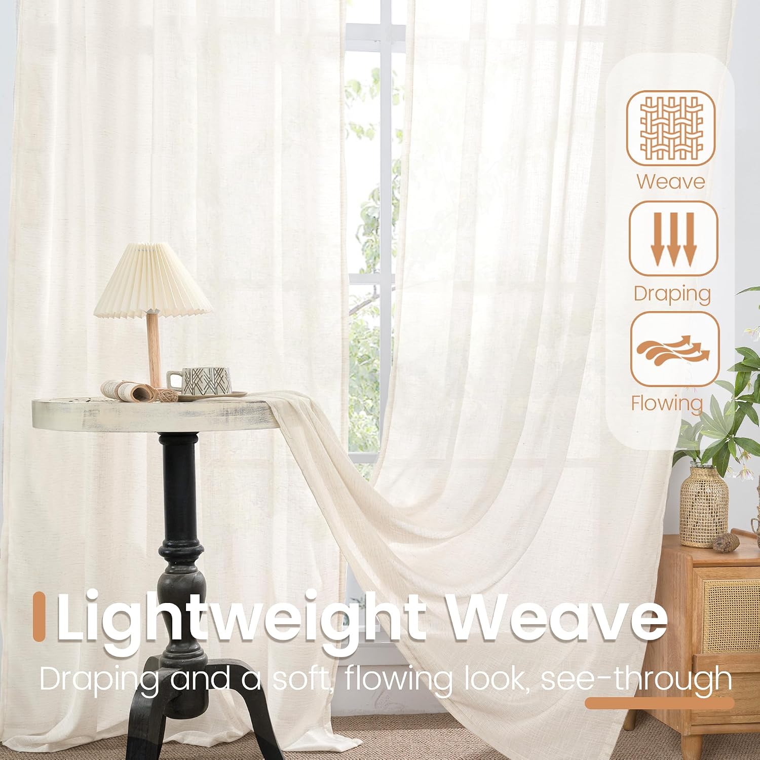 Detalle 1 de BGment Linen Sheer Curtains, 84-Inch 2-Panel Light-Filtering Rod Pocket Set