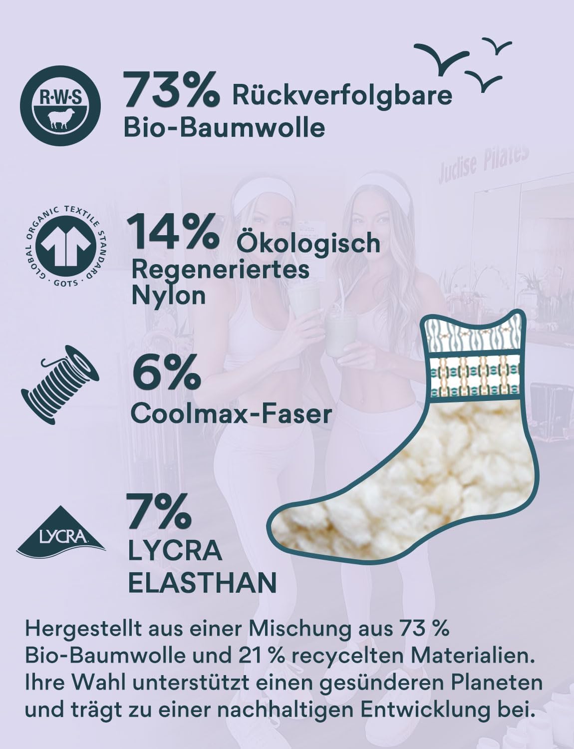 Detalle de Juclise Pilates Socken Damen – rutschfeste Bio-Baumwolle mit Rüschen und Stil für Yoga, Ballet & Fitness