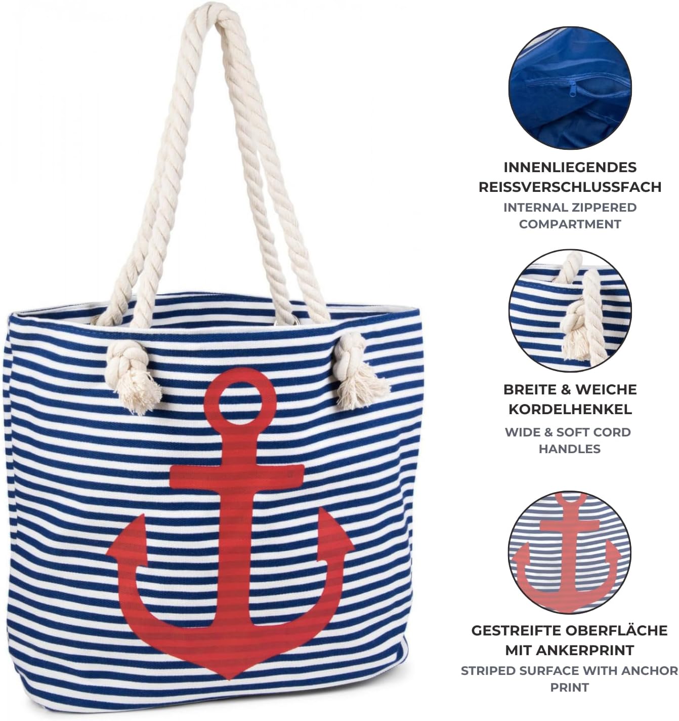 Detalle de StyleBREAKER borsone da spiaggia a righe con ancora – blu-bianco/oro, 46 x 34 x 12 cm