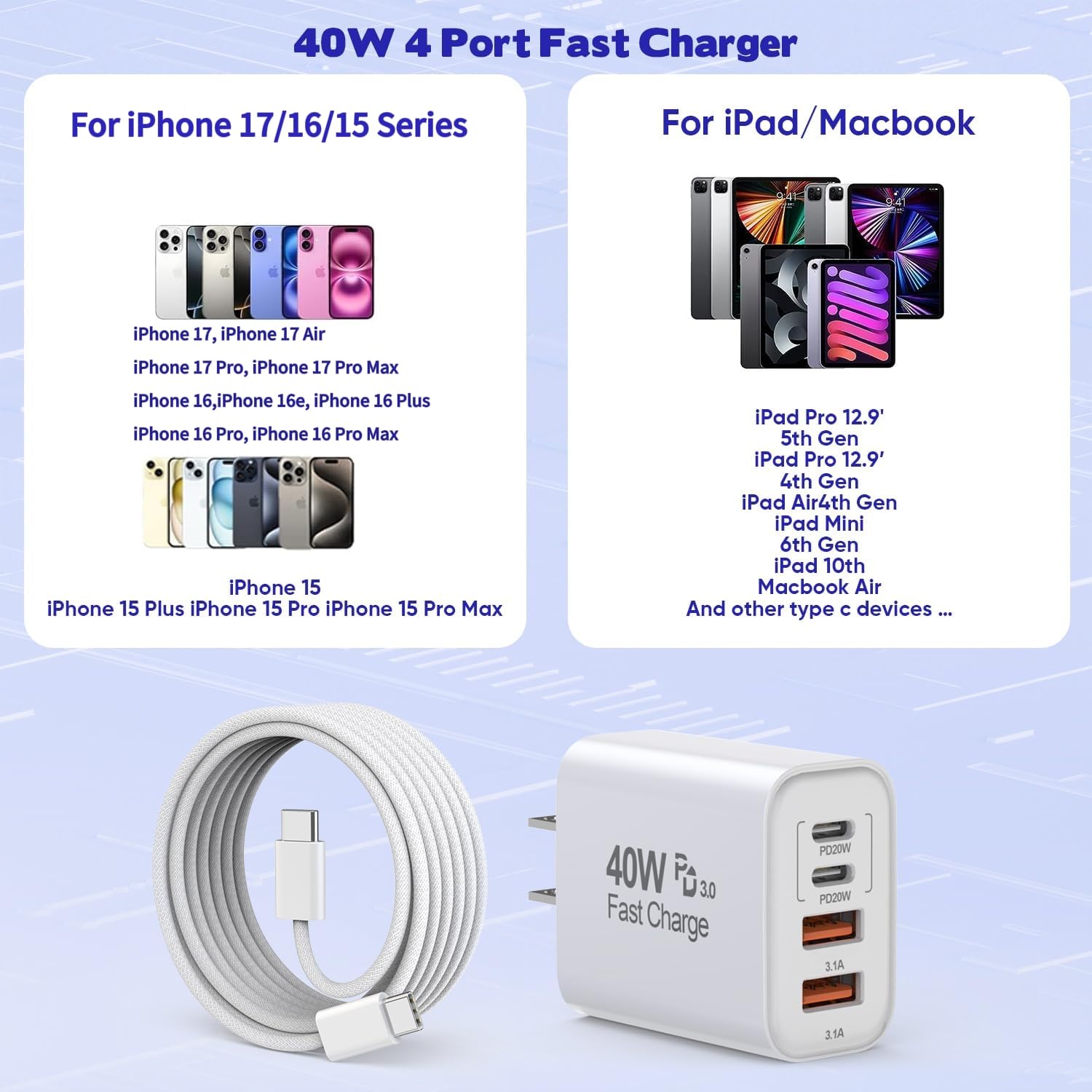Detalle 2 de 10-Foot USB-C to C Charger for iPhone 17 Pro ⚡