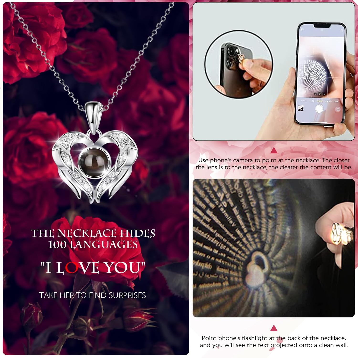 Detalle 2 de GOICC Preserved Rose with Necklace Gifts Box for Her — Eternal Purple Rose and Angel Wing Necklace