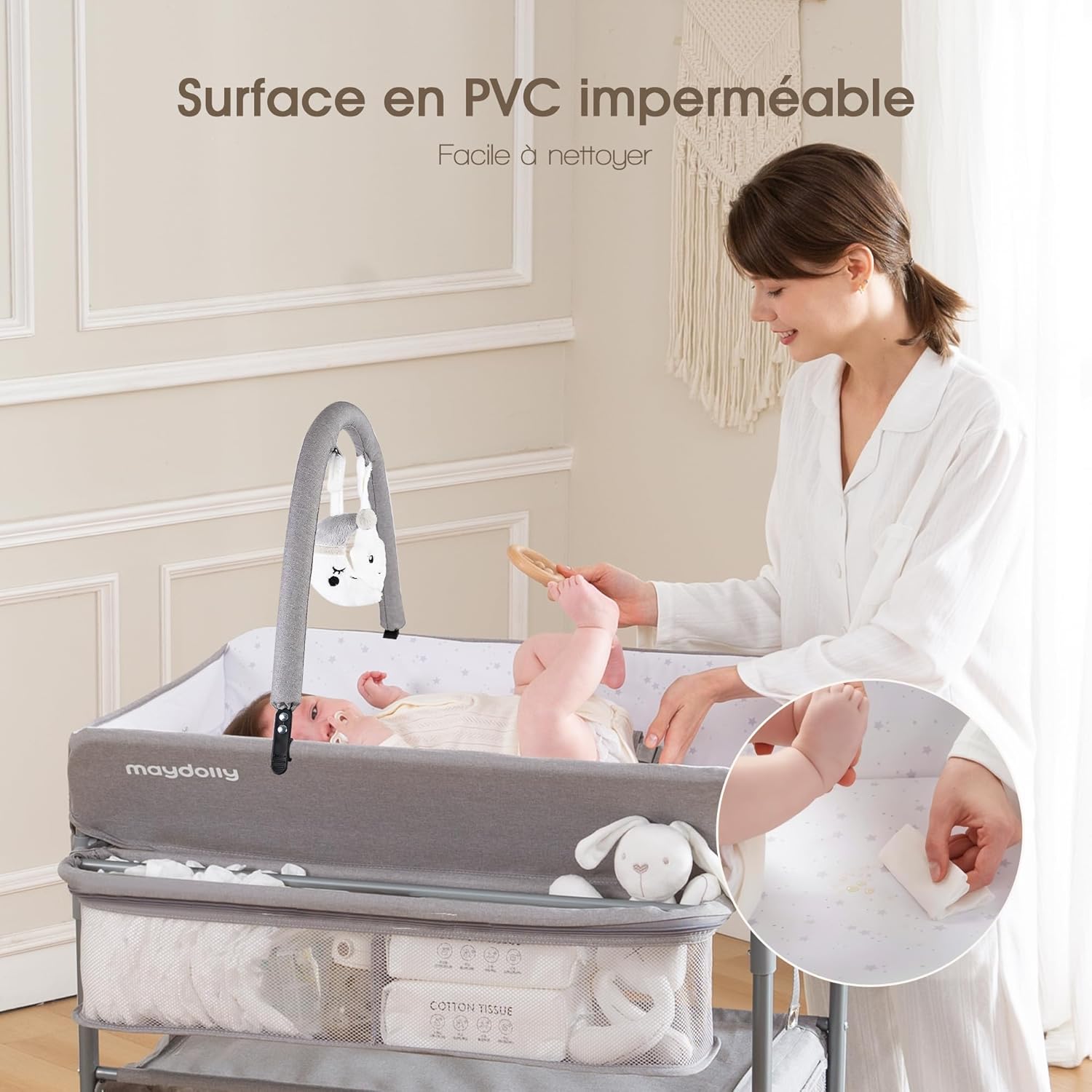 Thumbnail 4 de Maydolly Table à langer bébé pliante avec roulettes et hauteur réglable (gris)