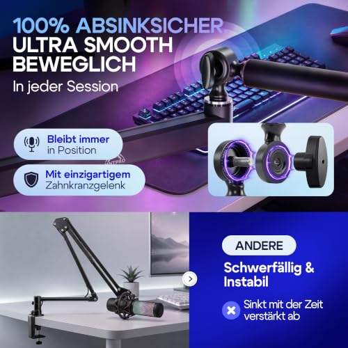 Detalle de MNTPRO Mikrofonarm Schreibtisch Low Profile – 80 cm Reichweite, Absinksicher, 2 kg Tragkraft