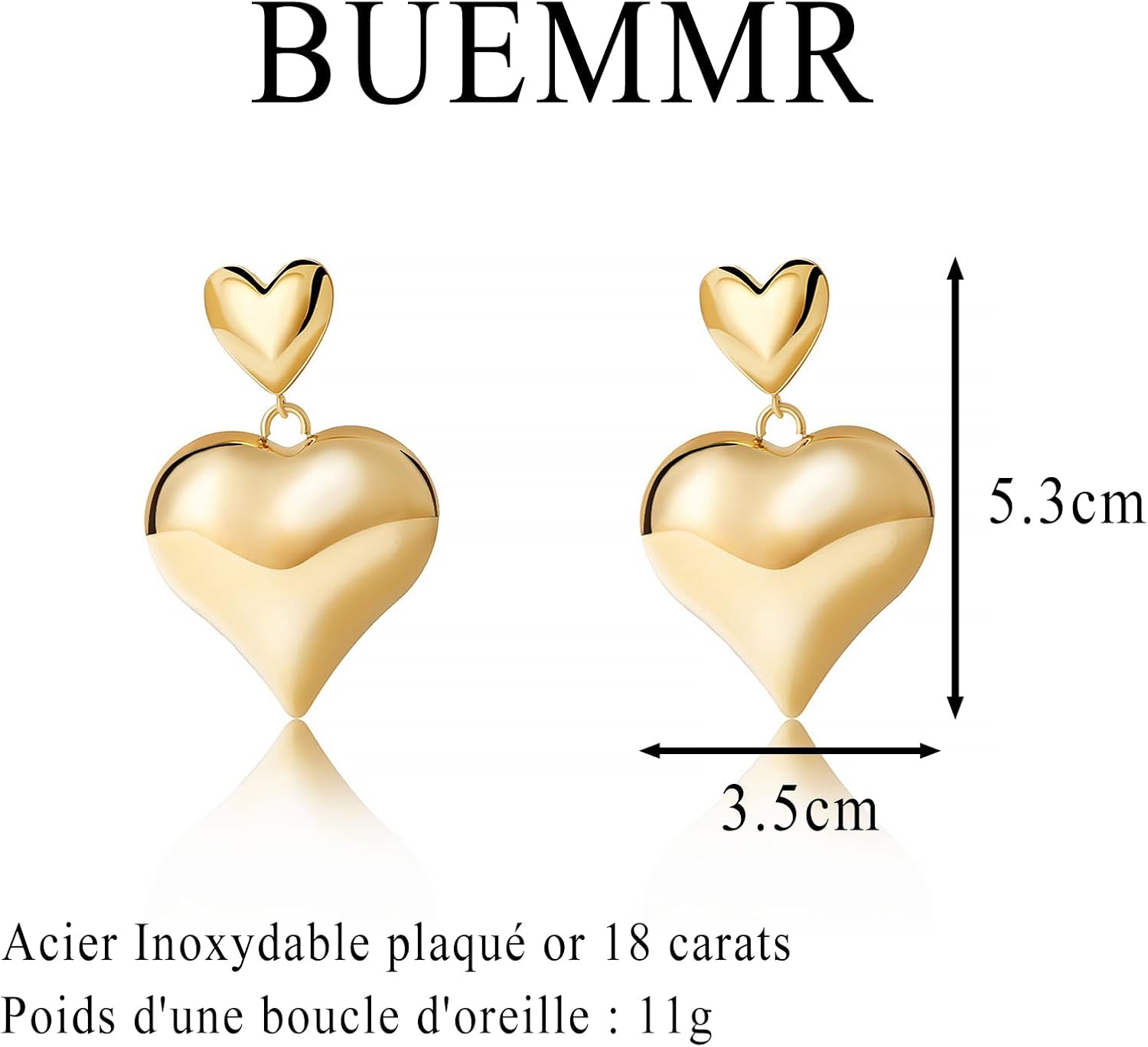 Thumbnail 2 de BUEMMR boucles d’oreilles pendantes en forme de cœur plaqué or 18 carats en acier inoxydable