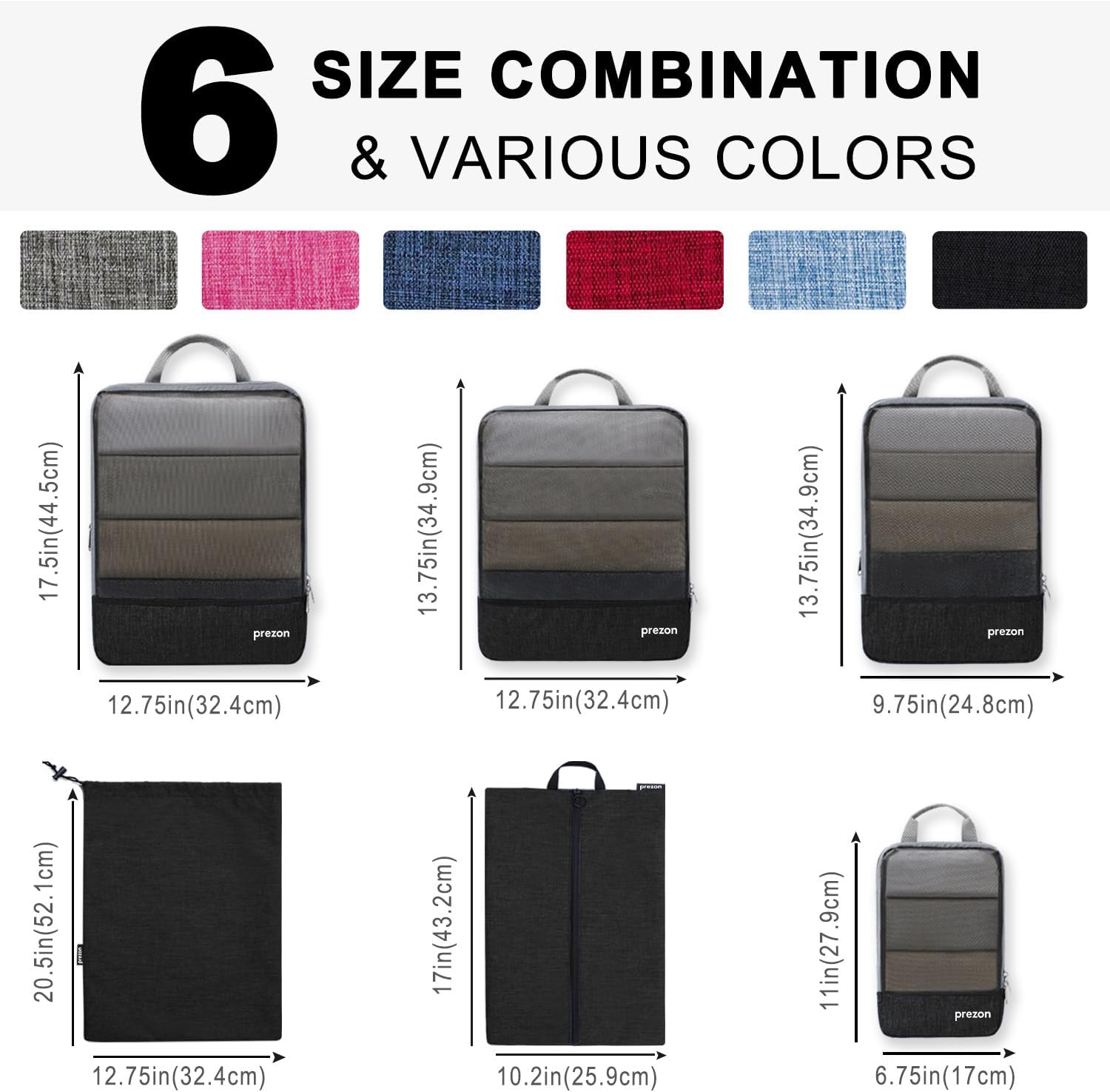 Detalle de Prezon Lot de 6 cubes de rangement compressibles – Organisateurs extensibles pour valise, mesh TPU noir