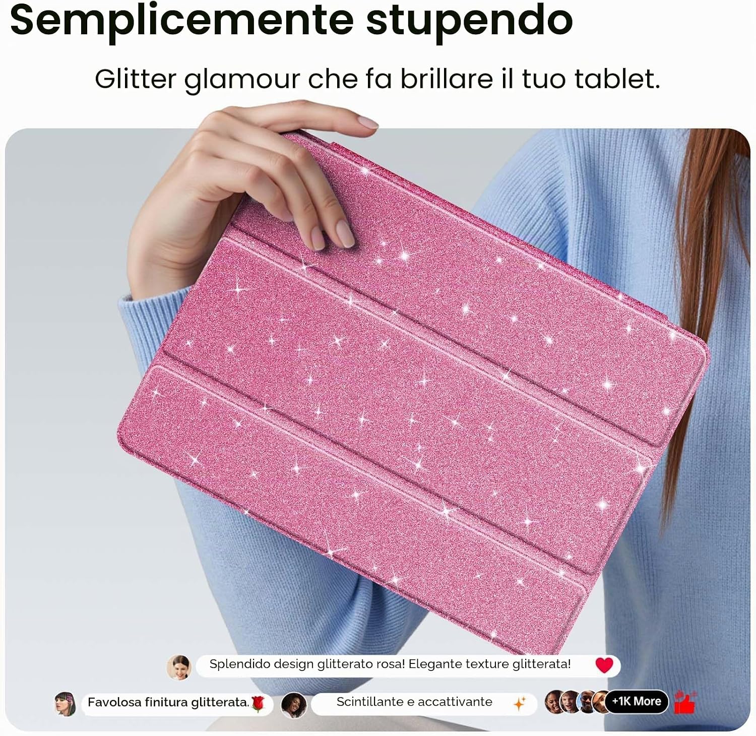Detalle 2 de FINTIE Cover 10,2" per iPad 9/8/7 Gen (2021/2020/2019) con Portapenne, retro glitter trasparente, sleep/wake automatico - Magenta