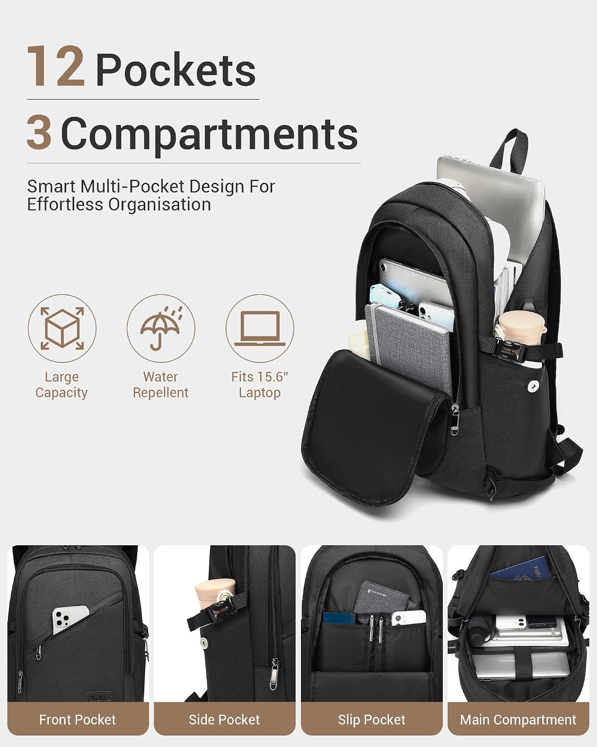 Detalle de Kono Laptop Backpack: 15.6 Inch Bag with USB Port and Anti-Theft Security