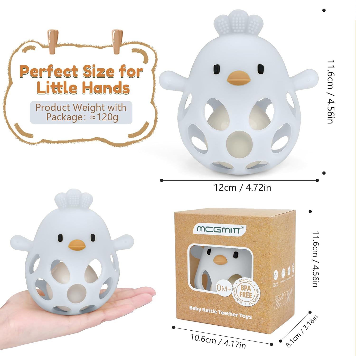 Thumbnail 2 de MCGMITT Baby Greifball Beißring aus BPA-freiem Silikon (blau) – Hühner-Rasselspielzeug für 3–9 Monate