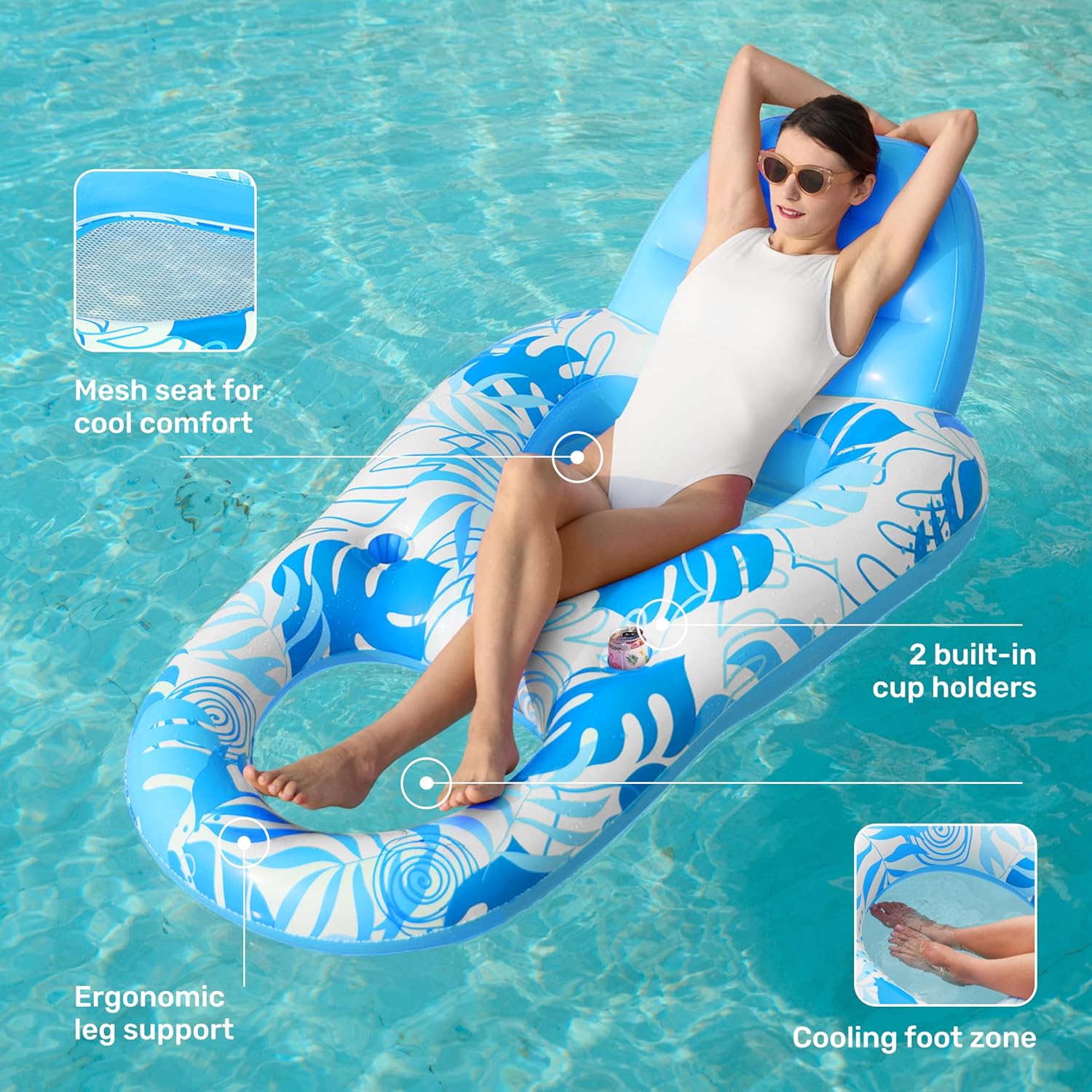 Thumbnail 3 de SLOOSH Inflatable Pool Floats Lounger (Adult) with Cup Holders & Foot Rest — Pink Tropical Leaves