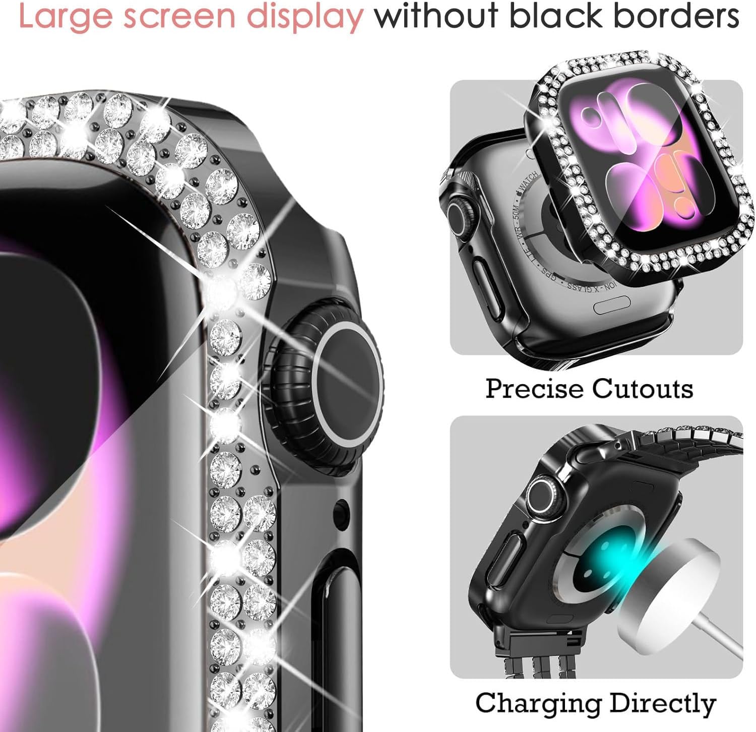 Detalle de DEALELE 2-Pack Tempered Glass Case for Apple Watch Series 10 (46mm) with Bling Double-Row Diamond Design