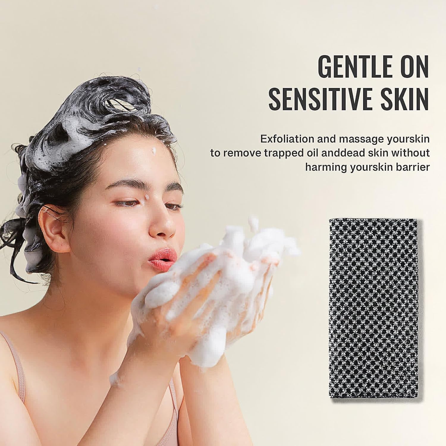 Detalle de ANWEIXUE 2 Pcs Japanese Exfoliating Shower Towel – Antibacterial Treated Fabric, Black & Pink