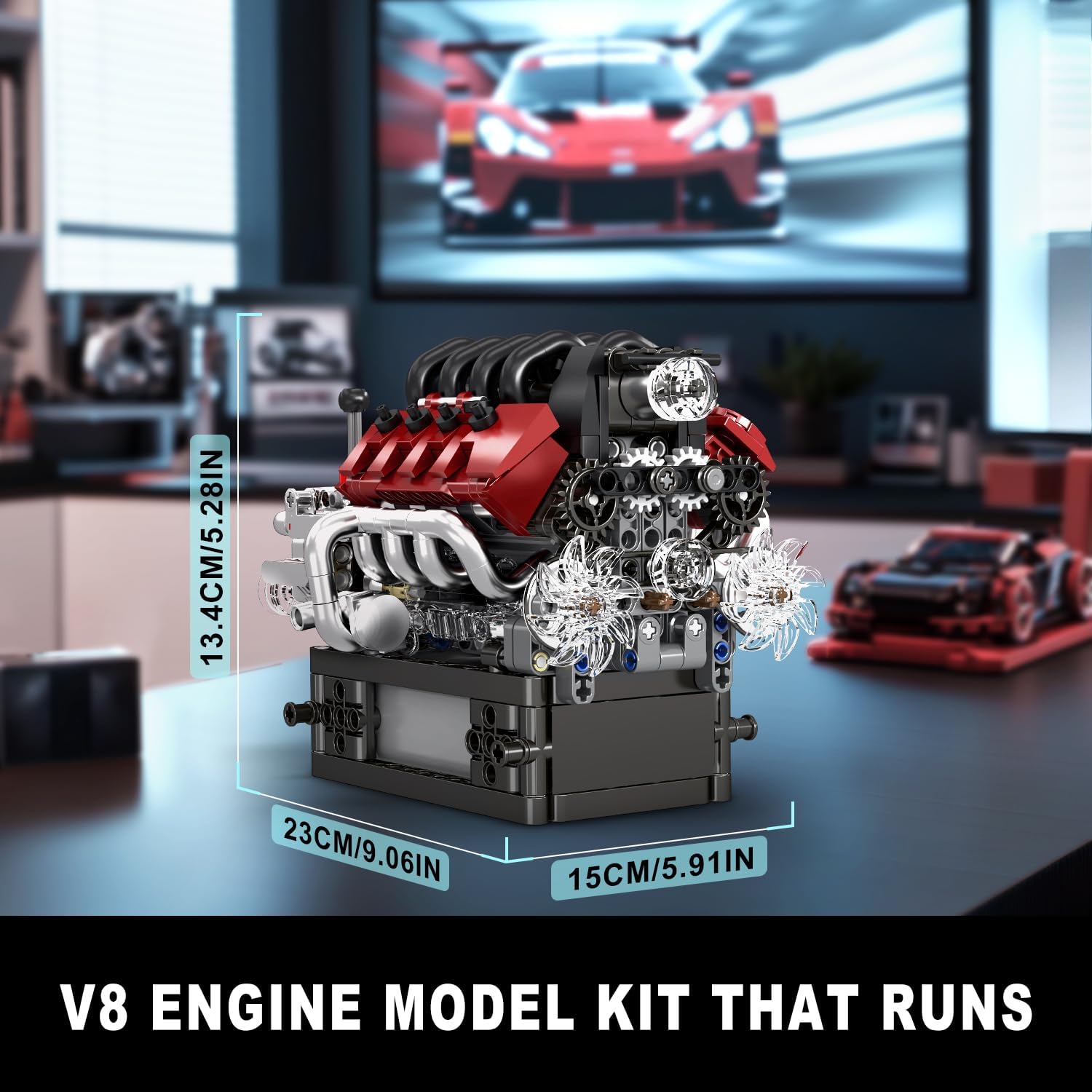 Detalle de Mould King 10227 V8-motorbouwset met 787 bouwstenen en batterijmotor