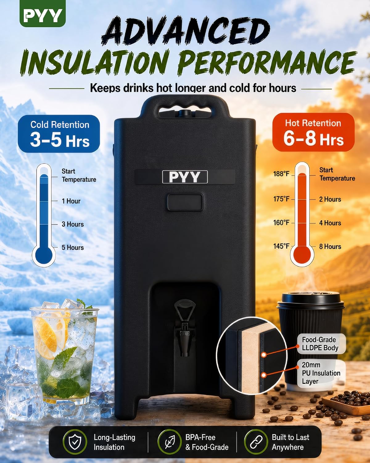 Detalle de PYY 5-Gallon Insulated Beverage Dispenser (Hot & Cold) with Handles, Leak-Proof Cooler Server