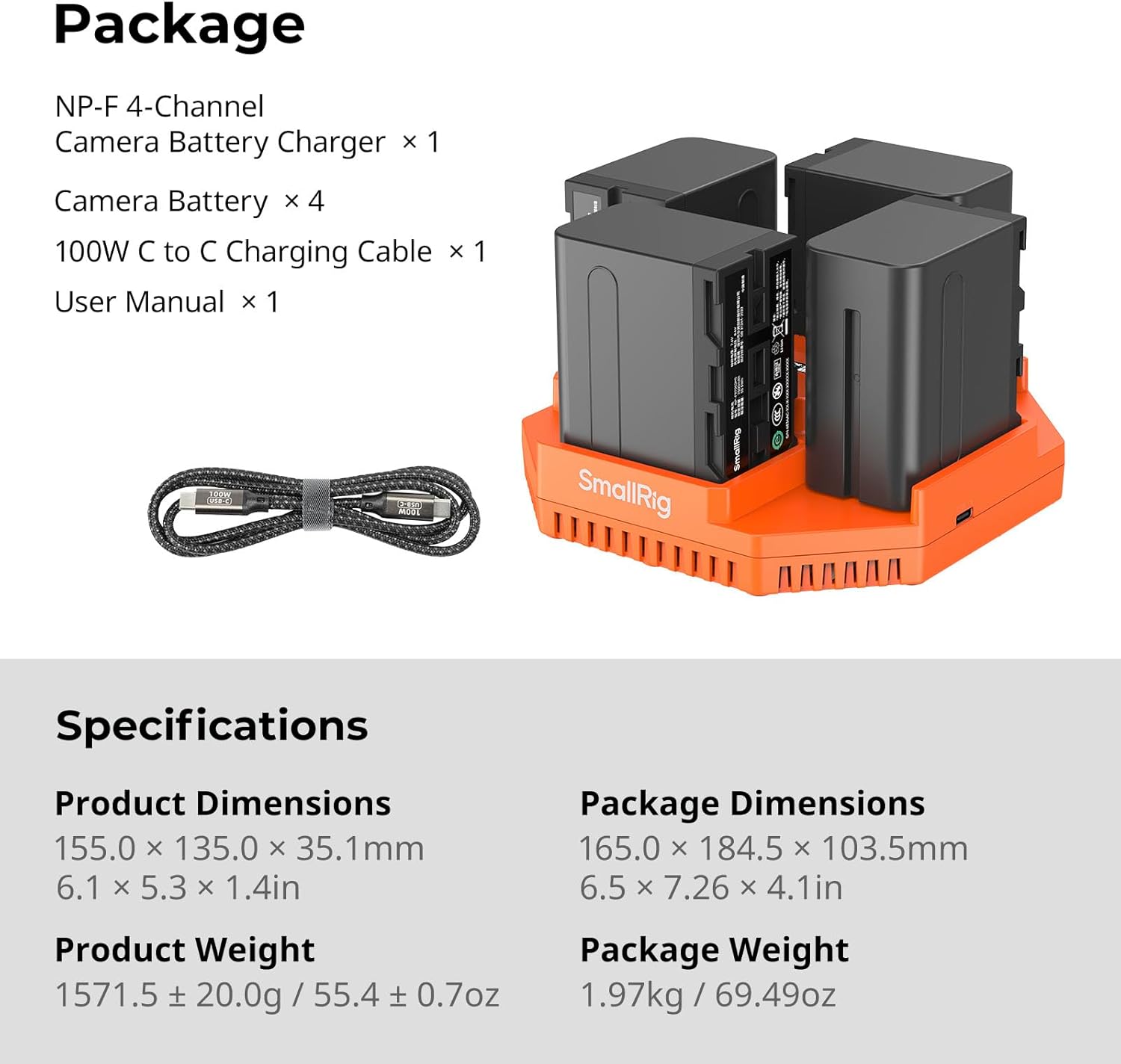 Thumbnail 6 de SMALLRIG 4834 Kit chargeur de batterie 4 canaux 100 W avec écran OLED (compatible NP-F970 / NP-F550 / NP-F570 / NP-F750)