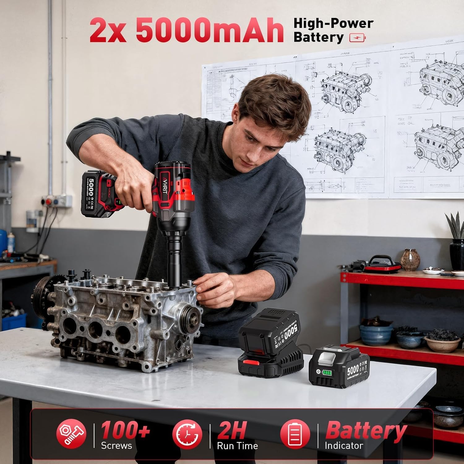 Detalle 2 de Avhrit AH06 3/4-Inch Cordless Impact Wrench, Brushless Motor, 2 Batteries